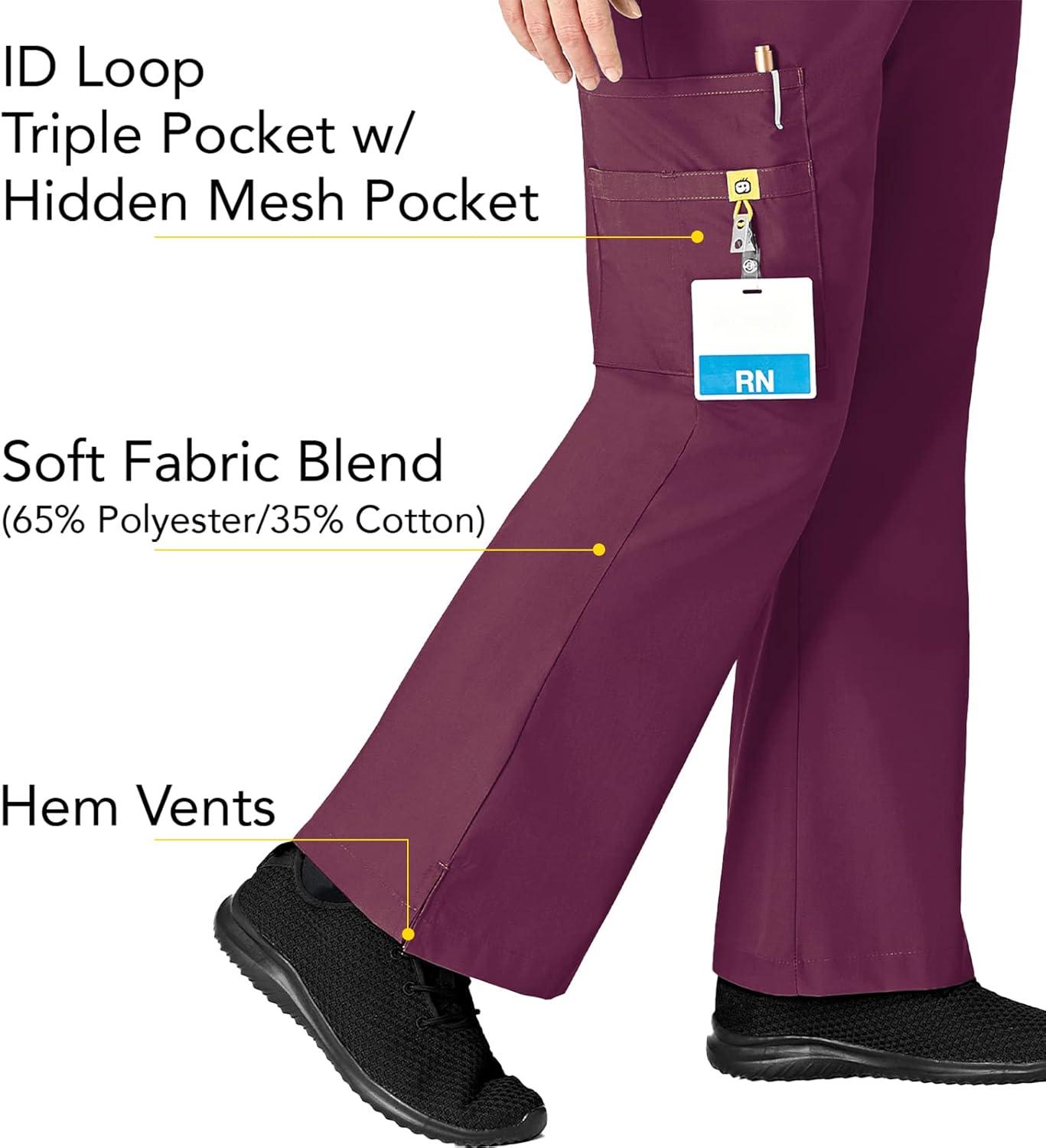 WonderWink Women’s Scrubs Romeo Six-Pocket Flare Leg Pant – XS-5XL, 6 Pockets, Elastic Waistband with Convertible Drawstring(Wine)