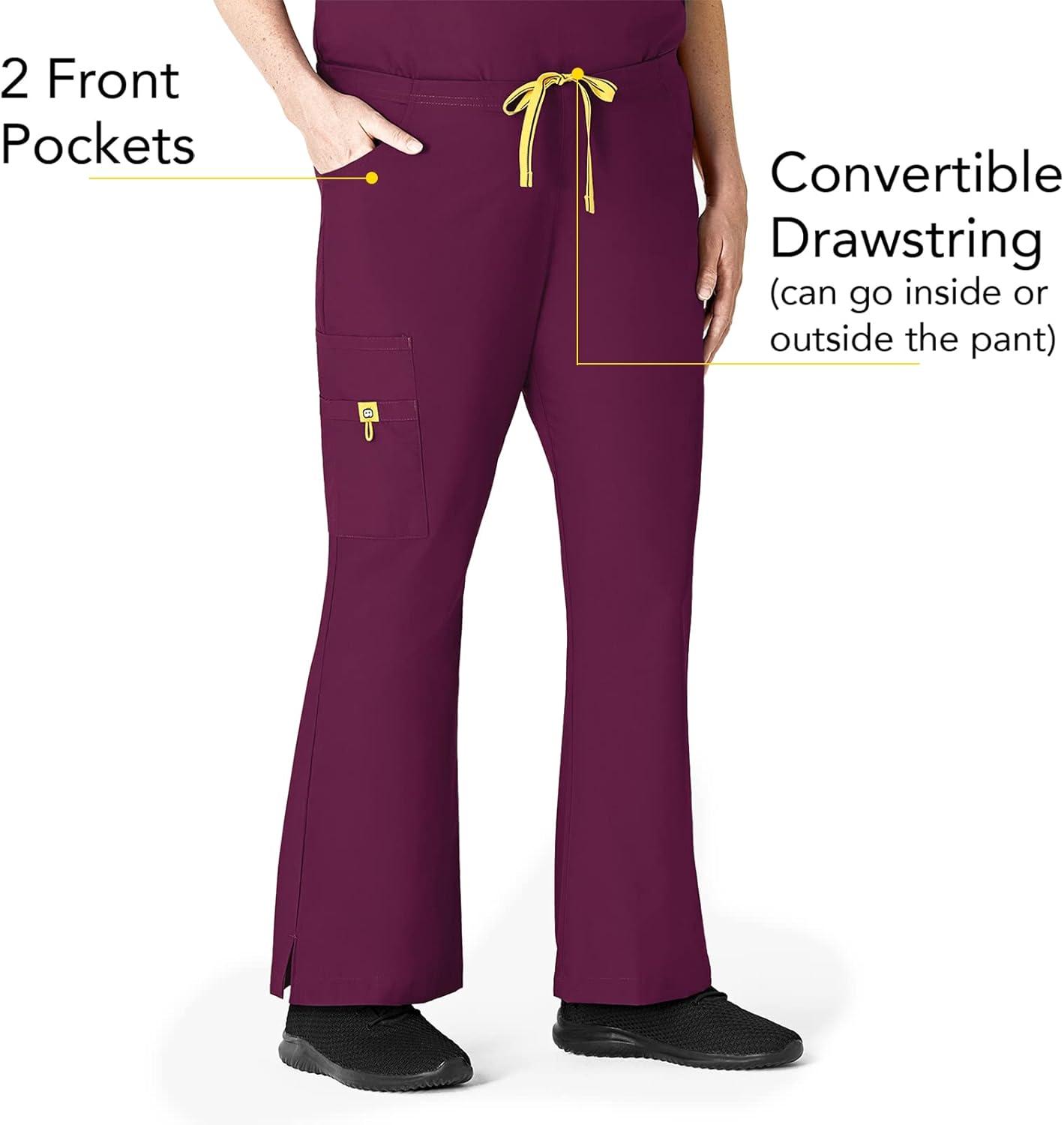 WonderWink Women’s Scrubs Romeo Six-Pocket Flare Leg Pant – XS-5XL, 6 Pockets, Elastic Waistband with Convertible Drawstring(Wine)