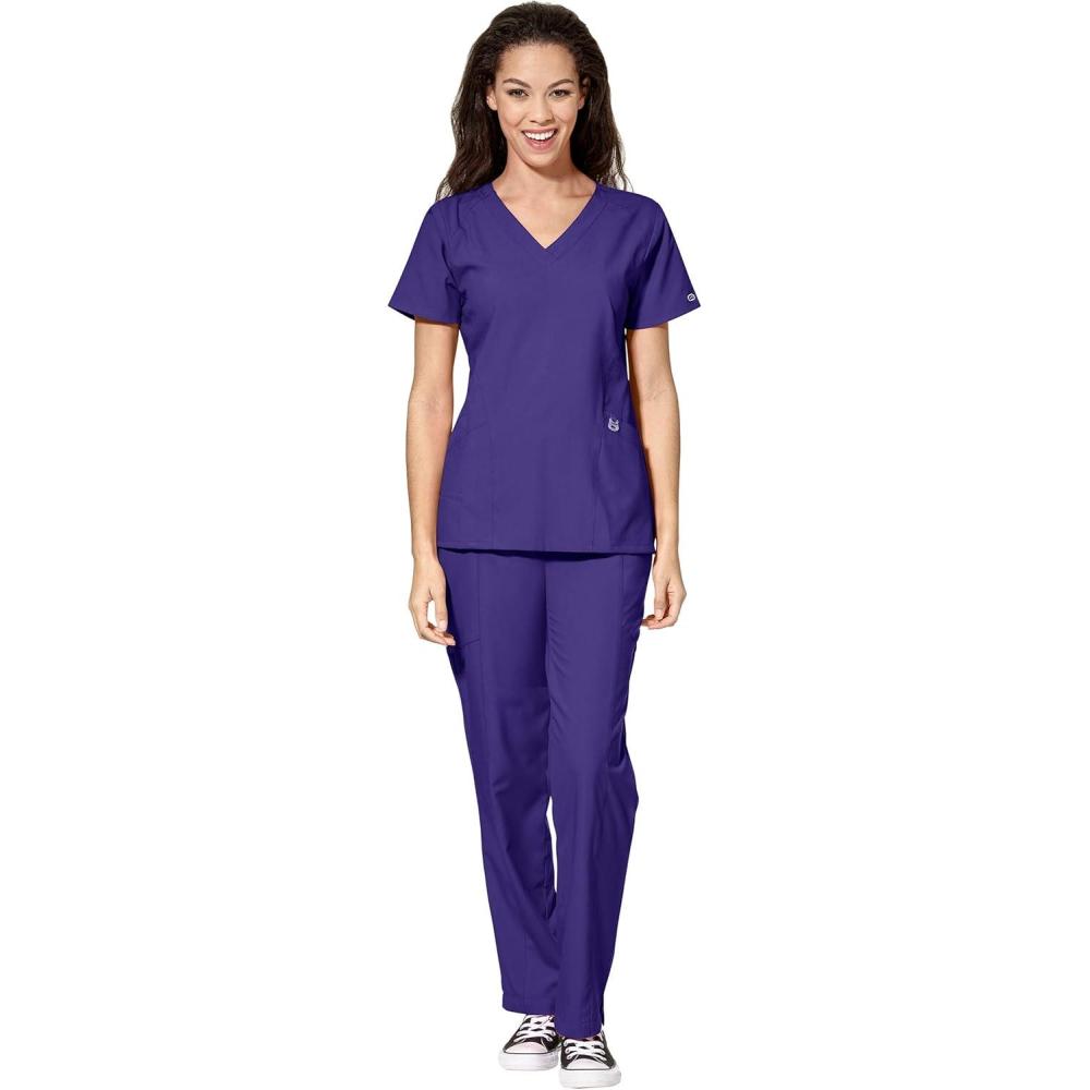 WonderWink W123 Women’s Stylized V-neck Top & Flat Front Double Cargo Pant Scrub Set + Badge Reel(Grape)