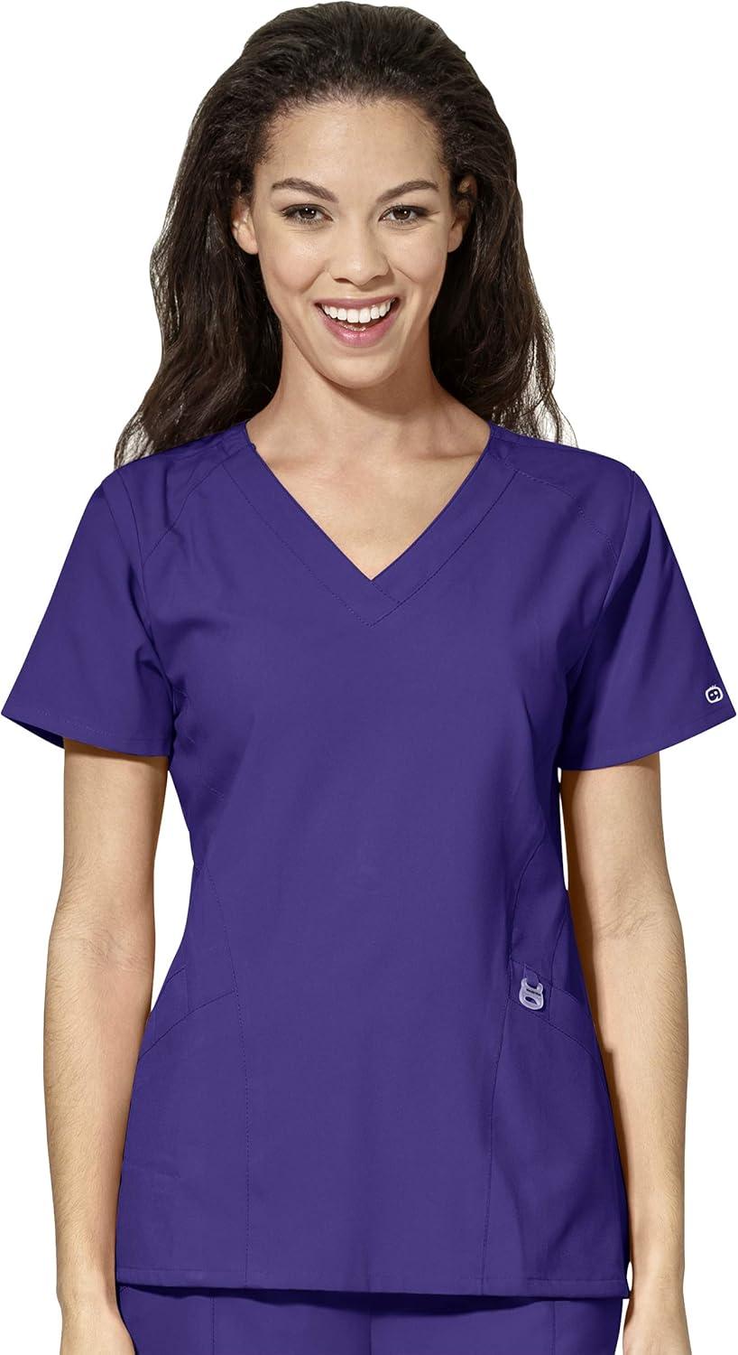 WonderWink W123 Women’s Stylized V-neck Top & Flat Front Double Cargo Pant Scrub Set + Badge Reel(Grape)