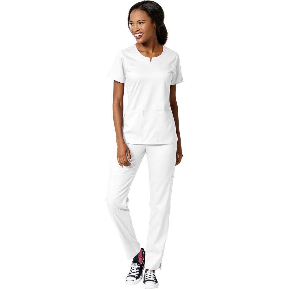 WonderWink PRO Women’s 4 Pocket Notch Neck Top & Knit Waist Cargo Pant Scrub Set + Badge Reel(White)