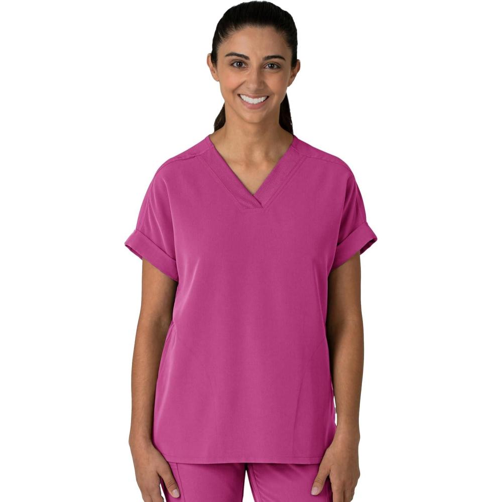 Wink Women’s Women’s Drop Shoulder Boxy Scrub Top(Raspberry)