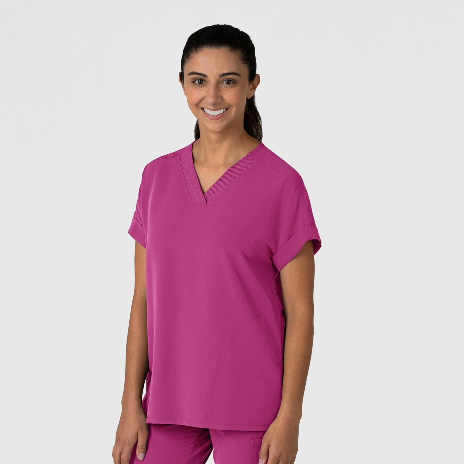 Wink Women’s Women’s Drop Shoulder Boxy Scrub Top(Raspberry)