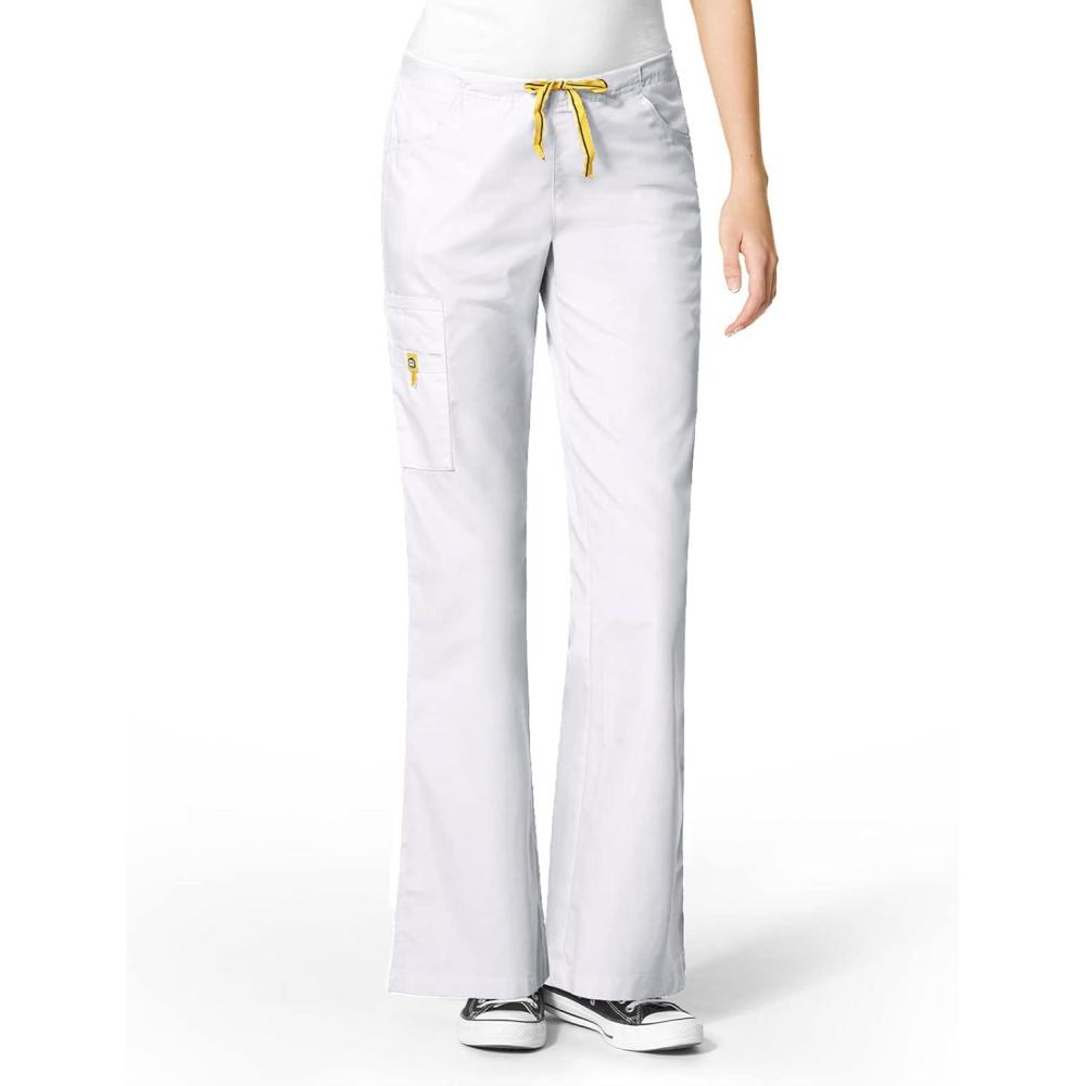 WonderWink Women’s Scrubs Romeo Six-Pocket Flare Leg Pant – XS-5XL, 6 Pockets, Elastic Waistband with Convertible Drawstring(White)