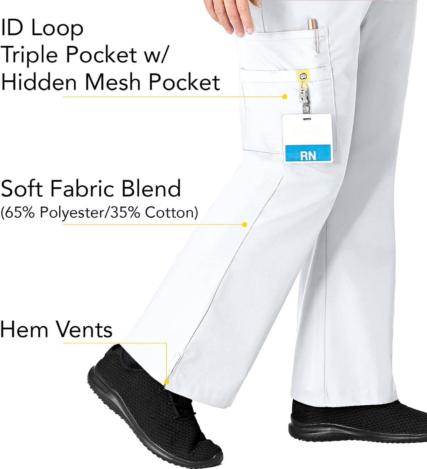 WonderWink Women’s Scrubs Romeo Six-Pocket Flare Leg Pant – XS-5XL, 6 Pockets, Elastic Waistband with Convertible Drawstring(White)