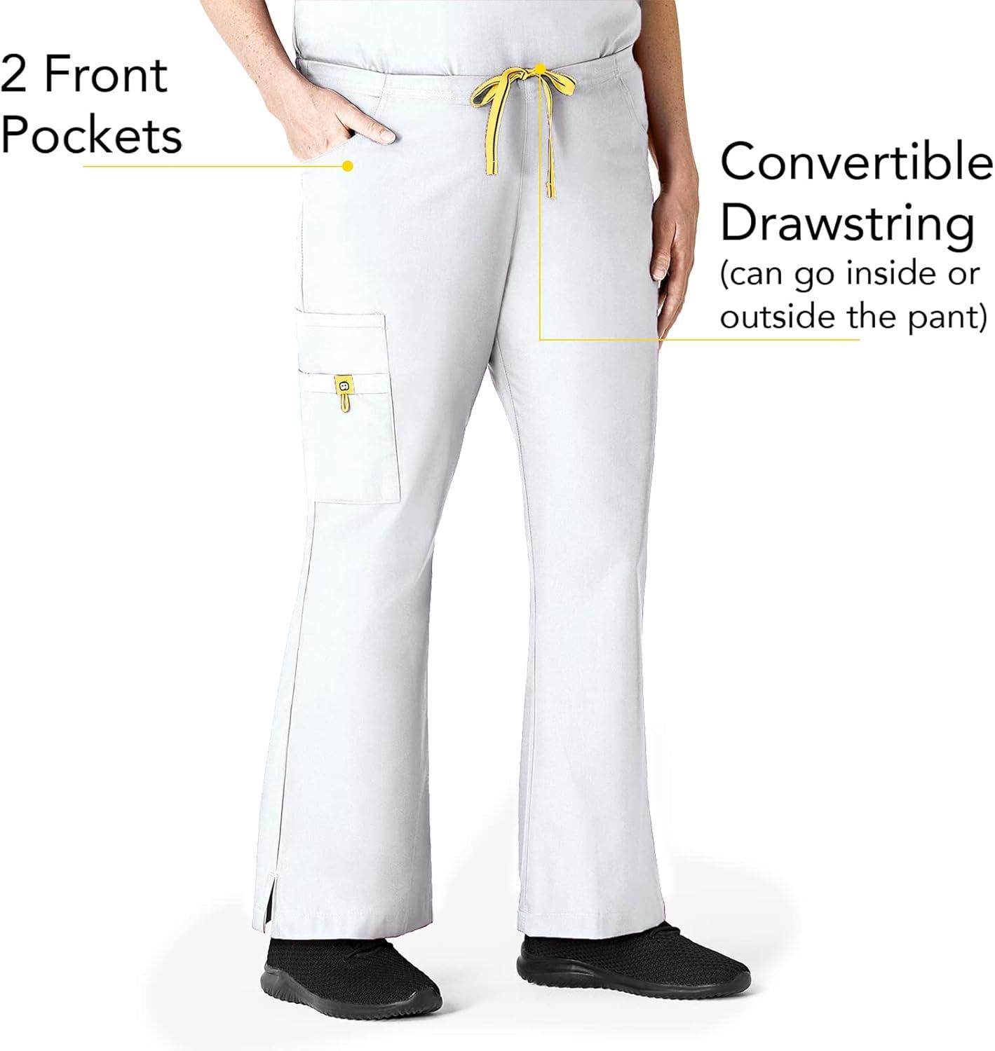 WonderWink Women’s Scrubs Romeo Six-Pocket Flare Leg Pant – XS-5XL, 6 Pockets, Elastic Waistband with Convertible Drawstring(White)