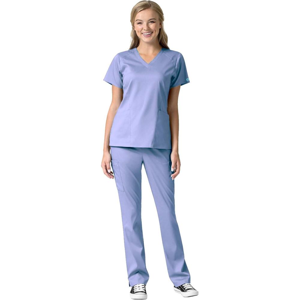 WonderWink Pro Women’s 4 Pocket V-Neck Top & Moderate Flare Leg Cargo Pant Scrub Set + Badge Reel(Ceil Blue)