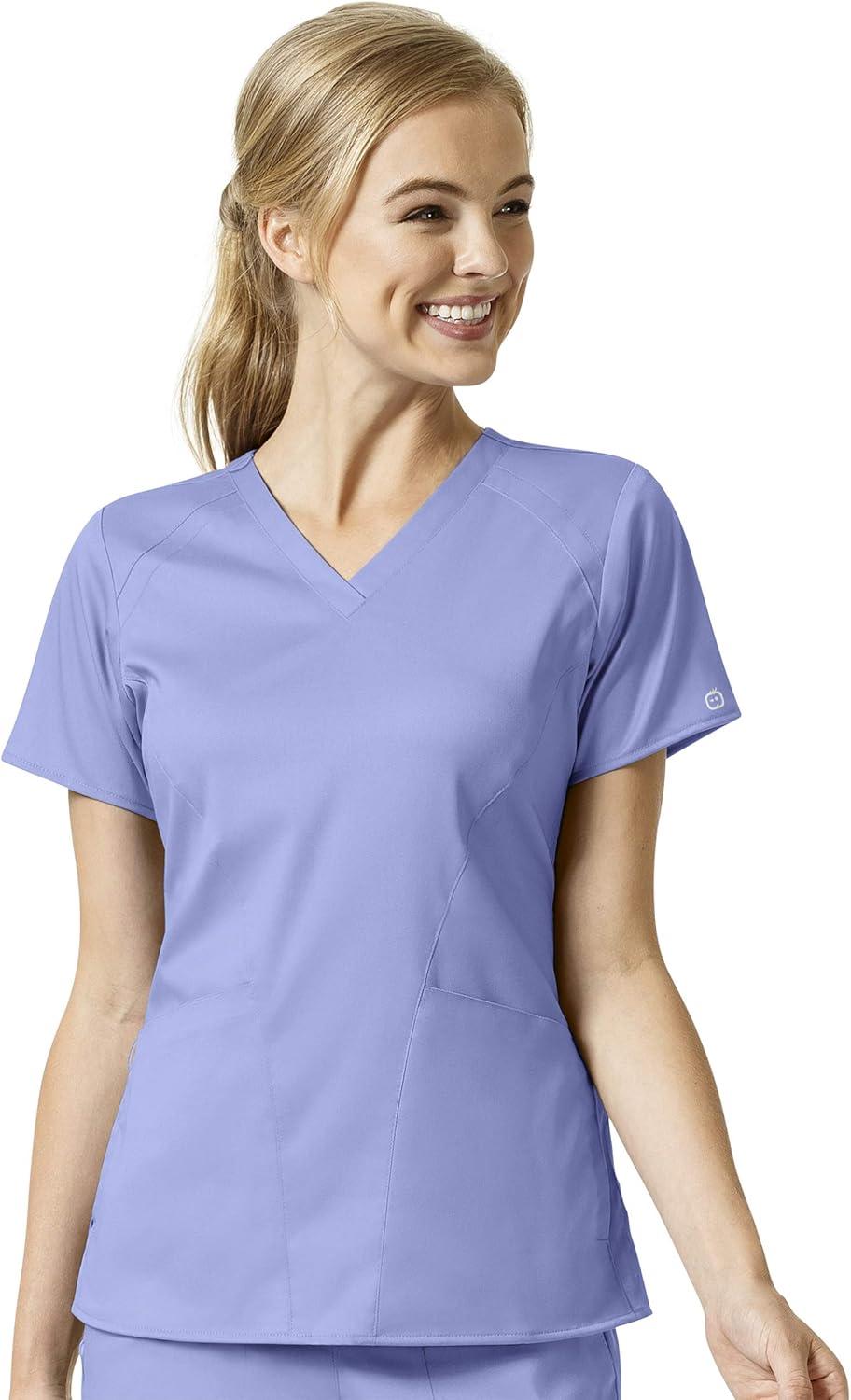 WonderWink Pro Women’s 4 Pocket V-Neck Top & Moderate Flare Leg Cargo Pant Scrub Set + Badge Reel(Ceil Blue)