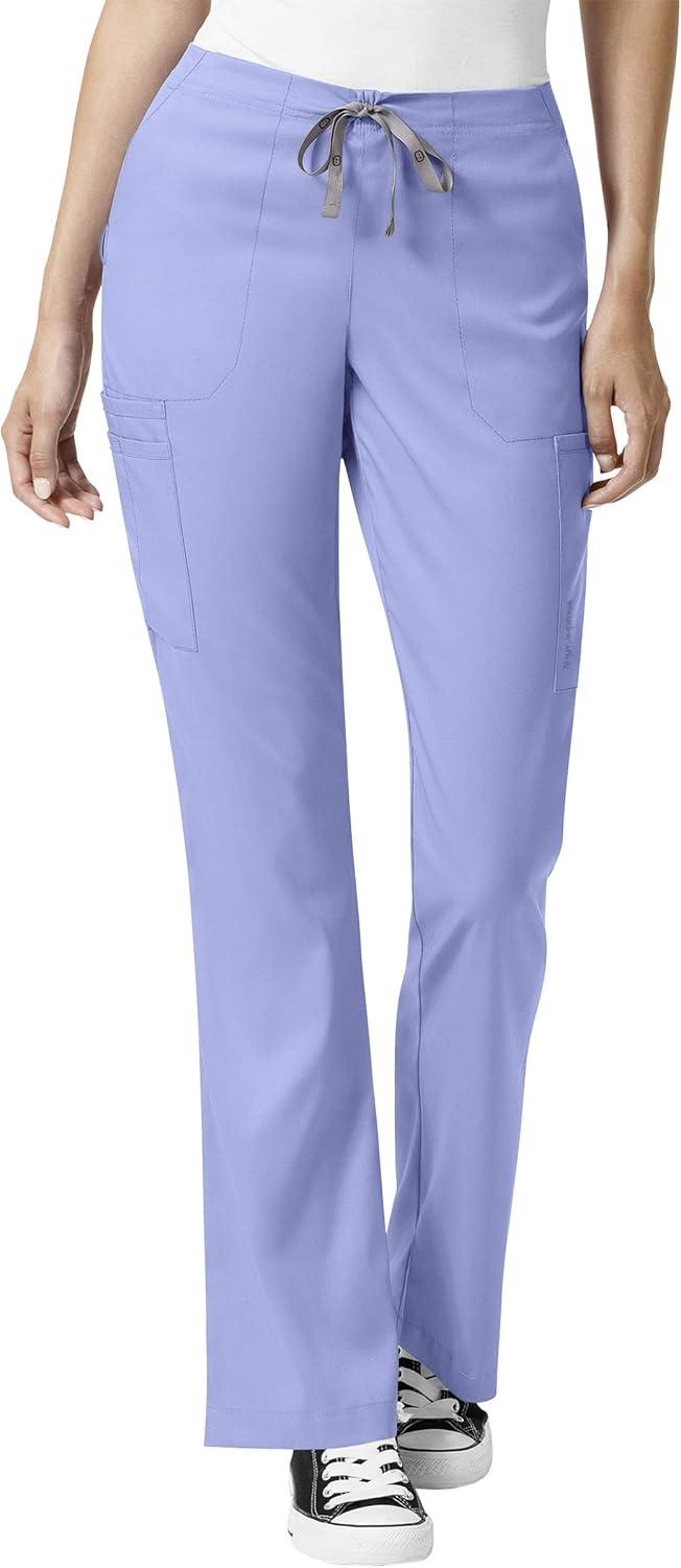 WonderWink Pro Women’s 4 Pocket V-Neck Top & Moderate Flare Leg Cargo Pant Scrub Set + Badge Reel(Ceil Blue)