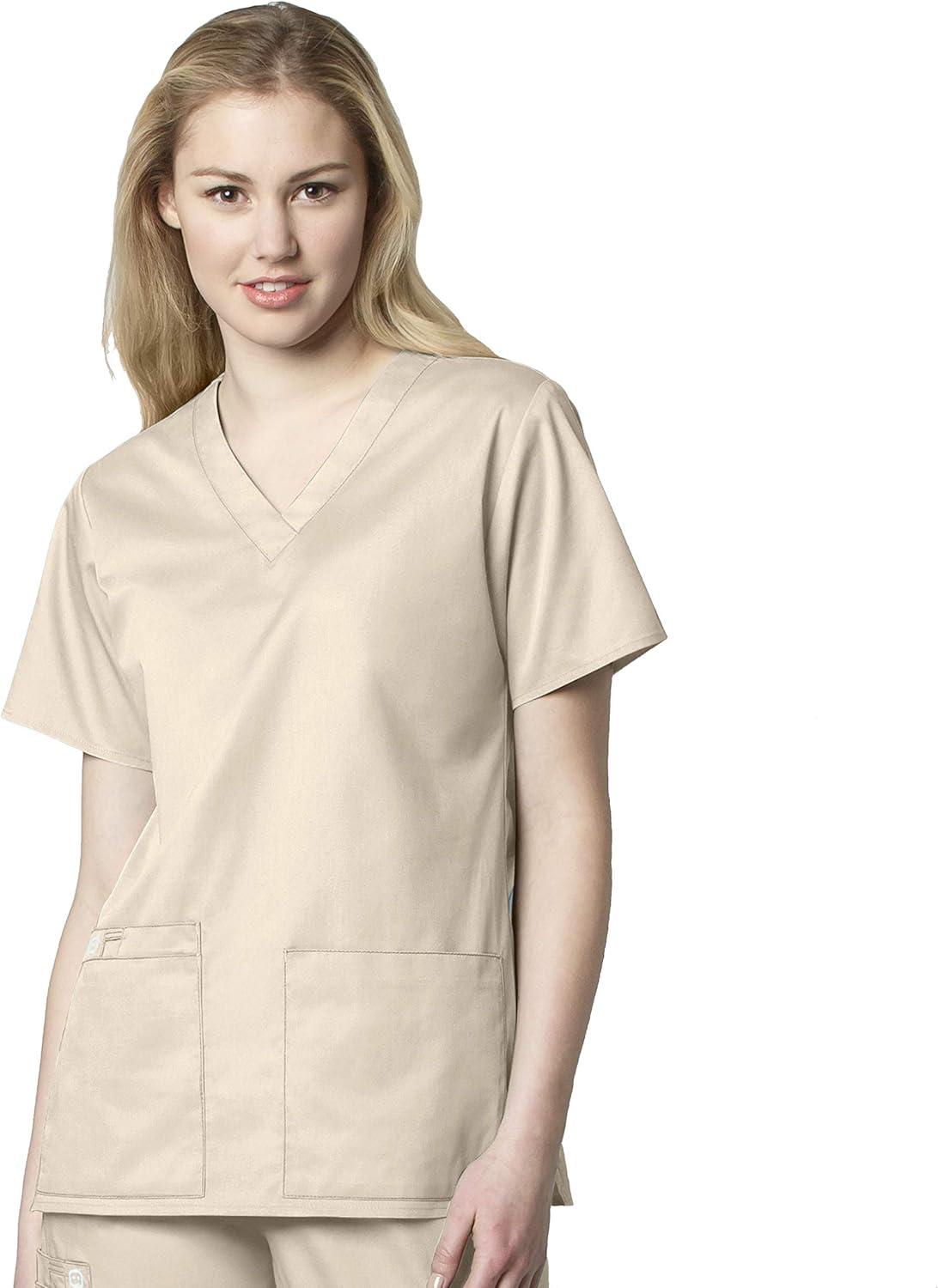 WonderWink WORK Women’s Scrubs V-Neck Chest Pocket Top & Pull On Cargo Pant Set + Badge Reel(Khaki)