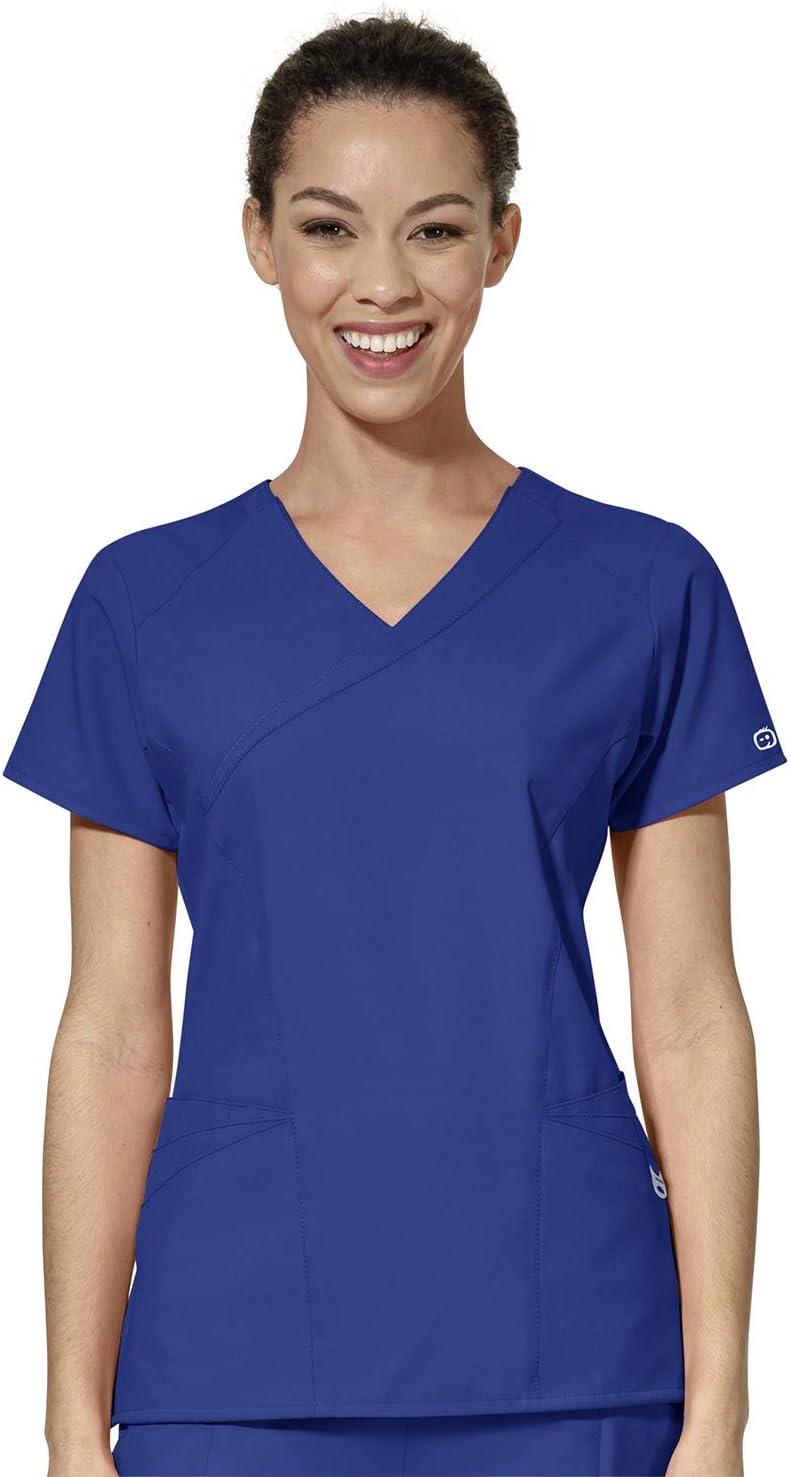 WonderWink W123 Women’s Mock Wrap Top & Flat Front Double Cargo Pant Scrub Set + Badge Reel(Galaxy Blue)