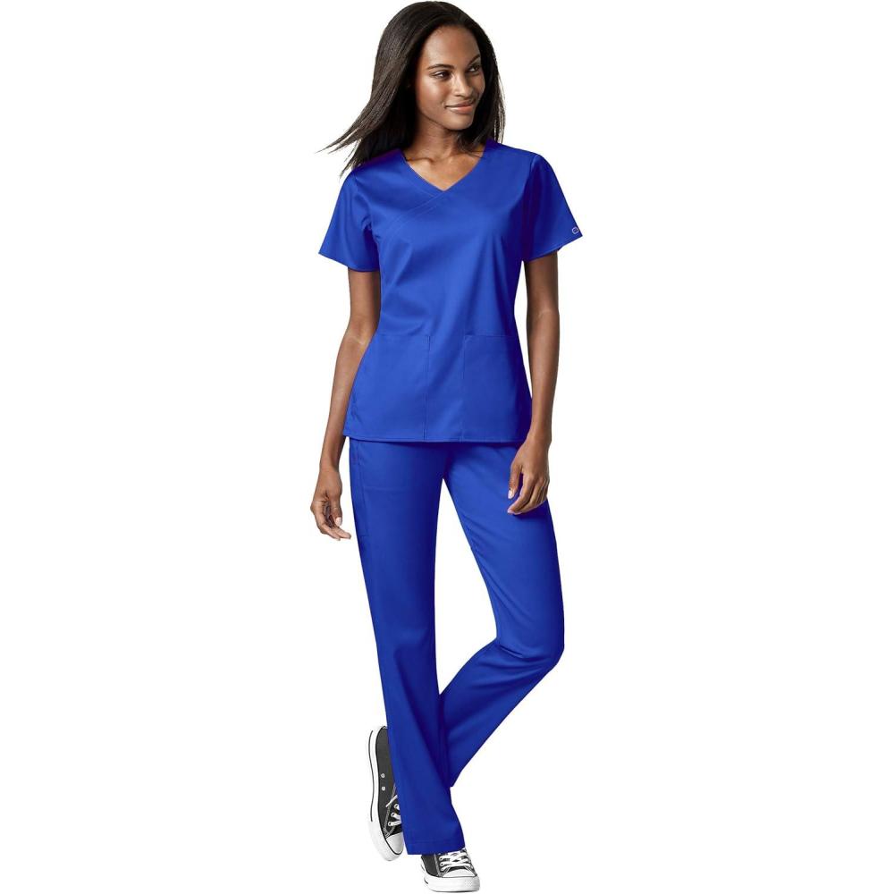 WonderWink PRO Women’s 4 Pocket Wrap Top & Knit Waist Cargo Pant Scrub Set + Badge Reel(Royal)