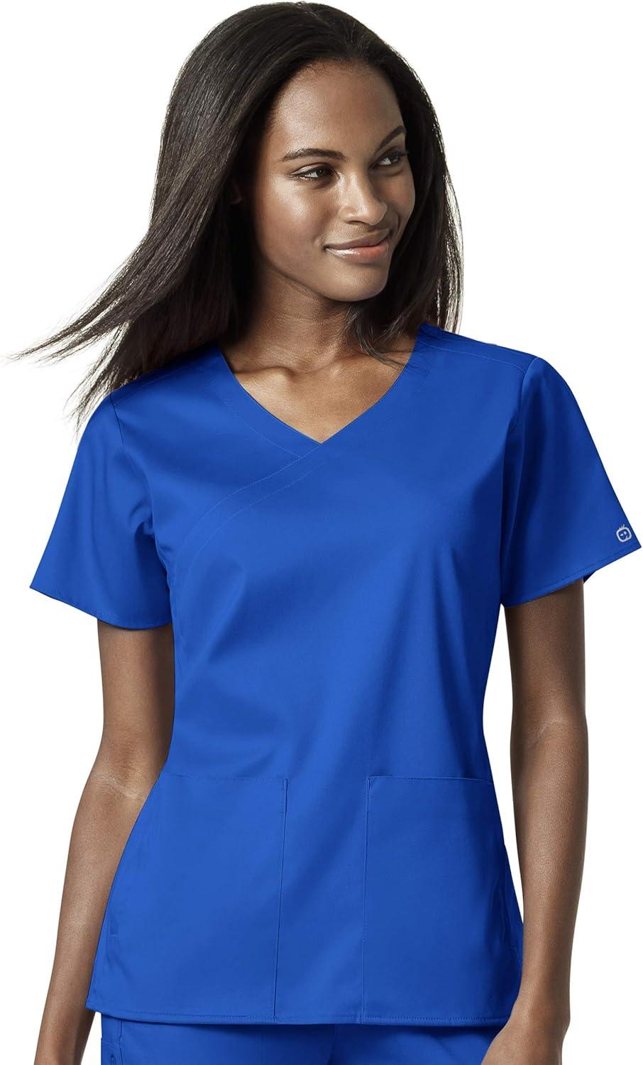 WonderWink PRO Women’s 4 Pocket Wrap Top & Knit Waist Cargo Pant Scrub Set + Badge Reel(Royal)