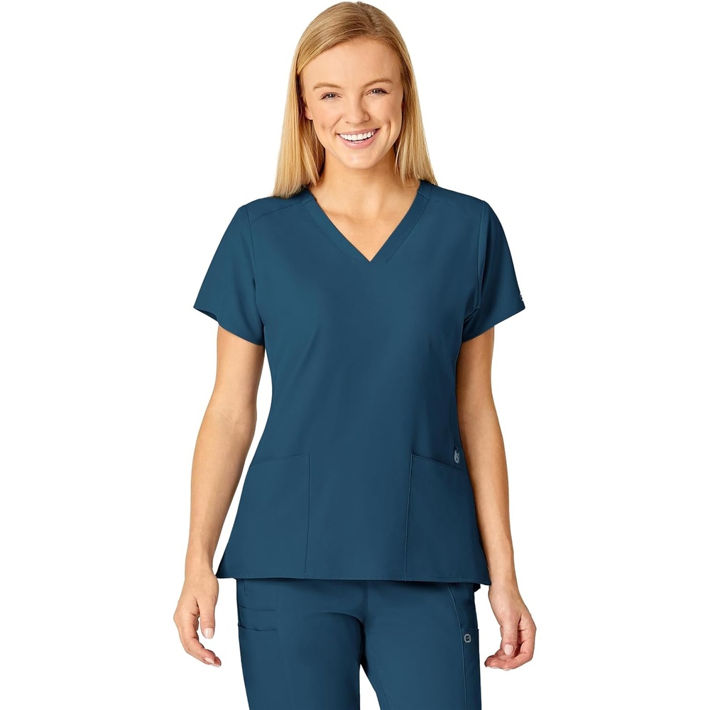 WINK Scrubs for Women, W123, Stylized V-Neck Tops with 5 Pockets(Caribbean)
