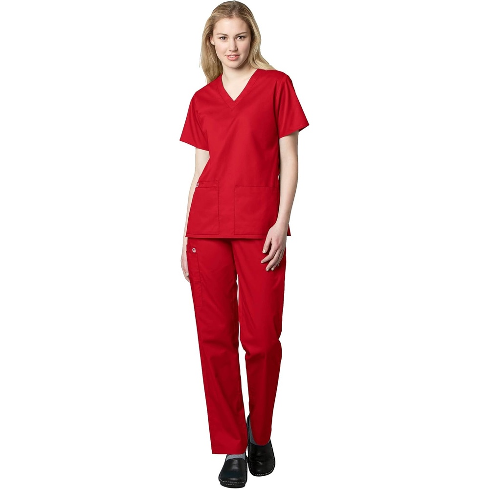 WonderWink WORK Women’s Scrubs V-Neck Chest Pocket Top & Pull On Cargo Pant Set + Badge Reel(Red)
