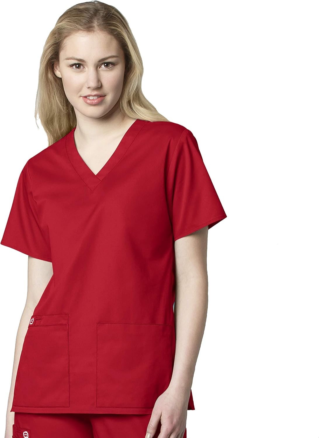 WonderWink WORK Women’s Scrubs V-Neck Chest Pocket Top & Pull On Cargo Pant Set + Badge Reel(Red)