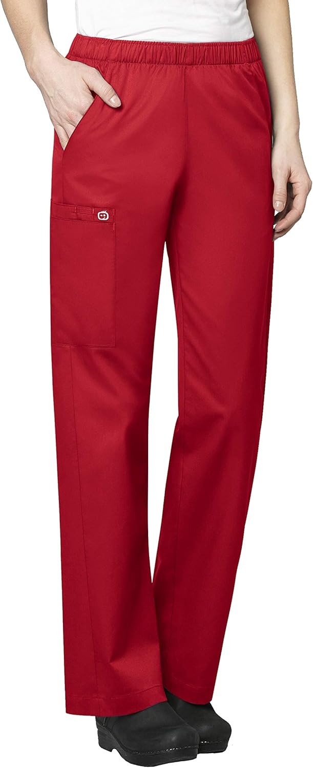 WonderWink WORK Women’s Scrubs V-Neck Chest Pocket Top & Pull On Cargo Pant Set + Badge Reel(Red)