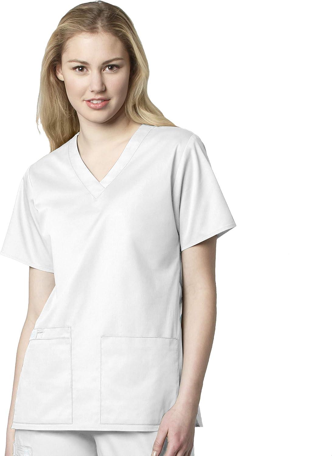 WonderWink WORK Women’s Scrubs V-Neck Chest Pocket Top & Pull On Cargo Pant Set + Badge Reel(White)