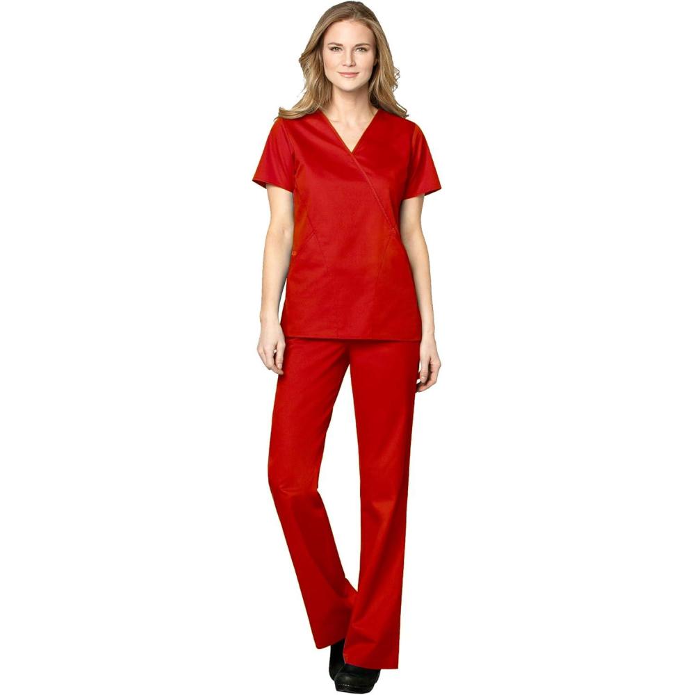 WonderWink WORK Women’s Scrubs Mock Wrap V-Neck Top & Flare Leg Drawstring Pant Scrub Set [XXS – 5XL](Red)