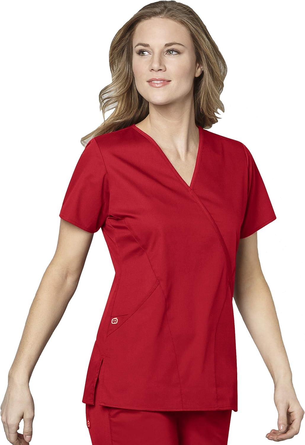 WonderWink WORK Women’s Scrubs Mock Wrap V-Neck Top & Flare Leg Drawstring Pant Scrub Set [XXS – 5XL](Red)