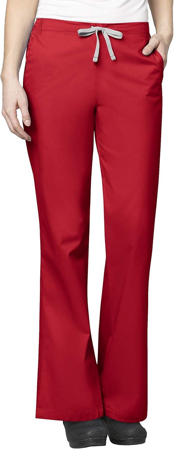 WonderWink WORK Women’s Scrubs Mock Wrap V-Neck Top & Flare Leg Drawstring Pant Scrub Set [XXS – 5XL](Red)