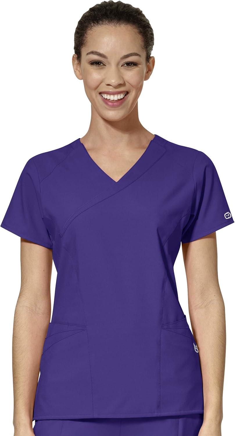 WonderWink W123 Women’s Mock Wrap Top & Flat Front Double Cargo Pant Scrub Set + Badge Reel(Grape)