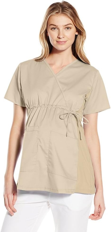 WINK WonderWORK Maternity Mock Wrap Scrub Top, Khaki, XL