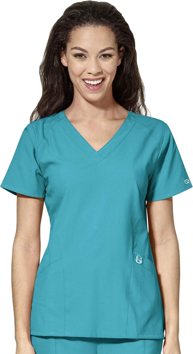 WonderWink W123 Women’s Stylized V-neck Top & Flat Front Double Cargo Pant Scrub Set + Badge Reel(Teal)