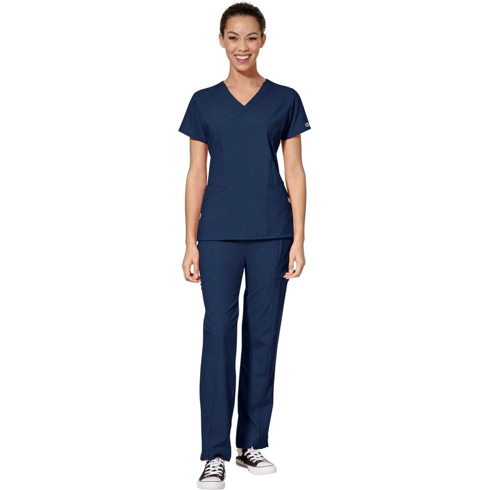 WonderWink W123 Women’s Mock Wrap Top & Flat Front Double Cargo Pant Scrub Set + Badge Reel(Navy)