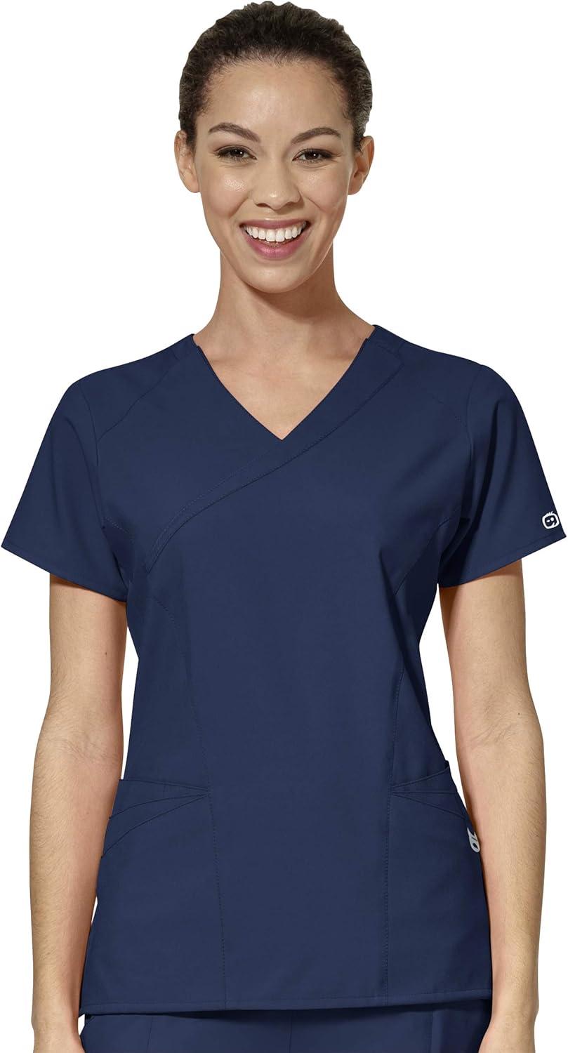 WonderWink W123 Women’s Mock Wrap Top & Flat Front Double Cargo Pant Scrub Set + Badge Reel(Navy)