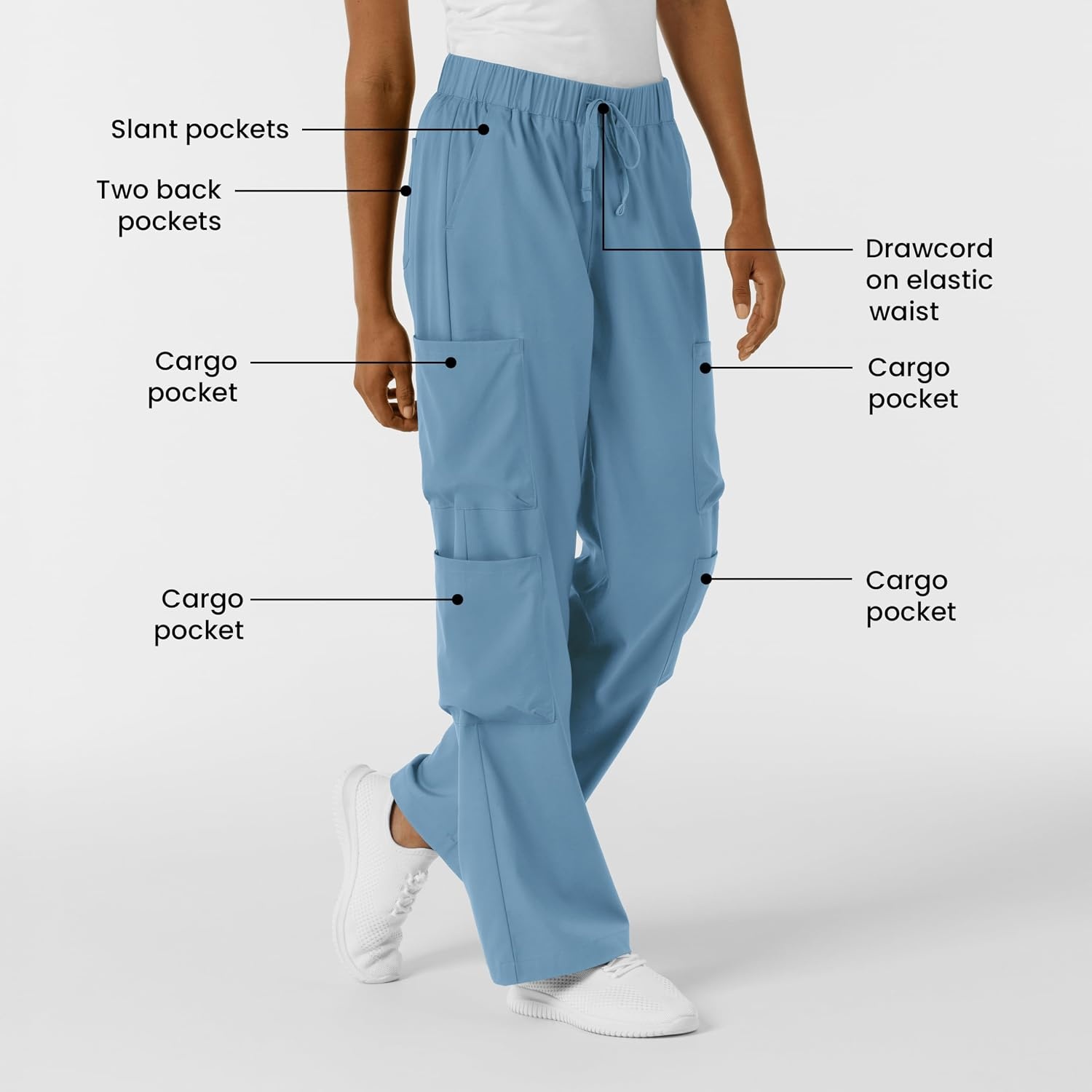 Wink Scrubs for Women, Boundless, Classic Wide Leg Cargo Pants with Full Drawstring and 8 Pockets(Pacific Blue)