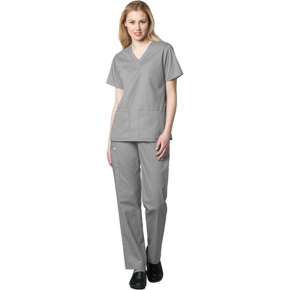 WonderWink WORK Women’s Scrubs V-Neck Chest Pocket Top & Pull On Cargo Pant Set + Badge Reel(Grey)