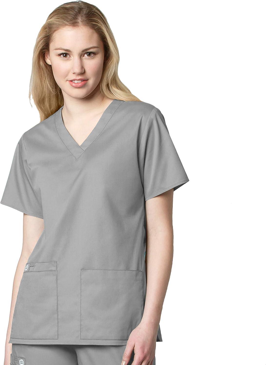 WonderWink WORK Women’s Scrubs V-Neck Chest Pocket Top & Pull On Cargo Pant Set + Badge Reel(Grey)