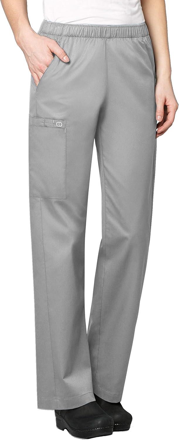 WonderWink WORK Women’s Scrubs V-Neck Chest Pocket Top & Pull On Cargo Pant Set + Badge Reel(Grey)