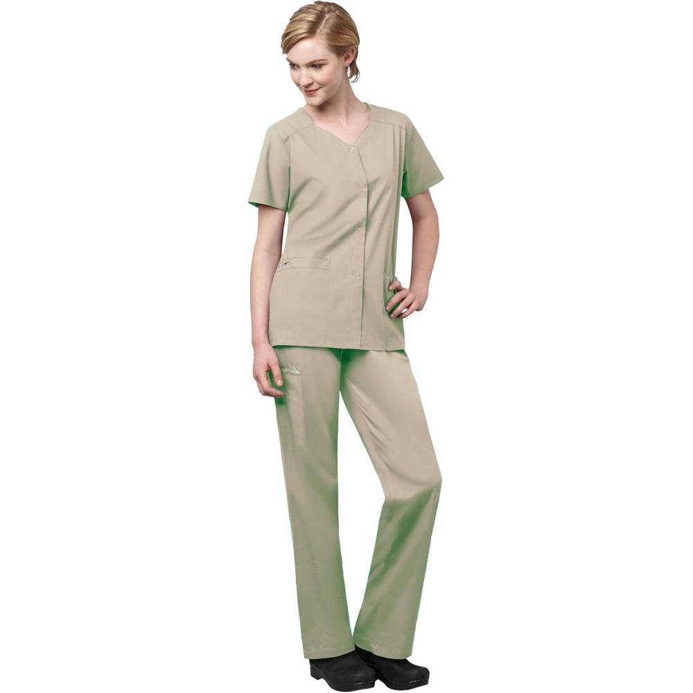 WonderWink WORK Women’s Scrub Short Sleeve Snap Front Jacekt Top and Pants + Badge Reel(Khaki)