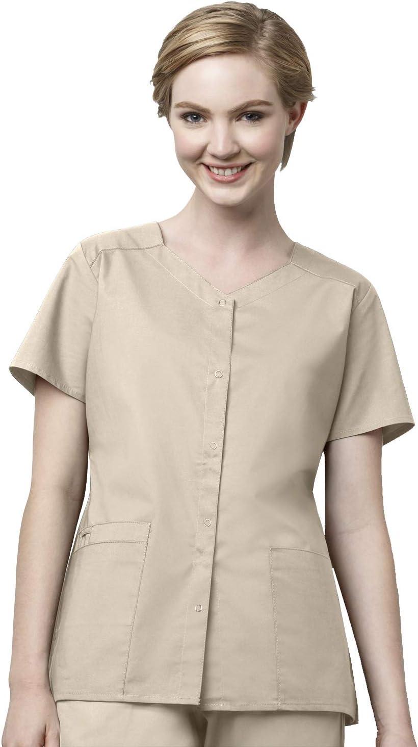 WonderWink WORK Women’s Scrub Short Sleeve Snap Front Jacekt Top and Pants + Badge Reel(Khaki)