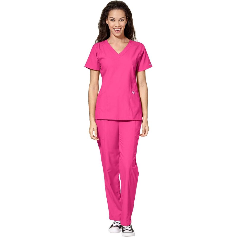 WonderWink W123 Women’s Stylized V-neck Top & Flat Front Double Cargo Pant Scrub Set + Badge Reel(Hot Pink)