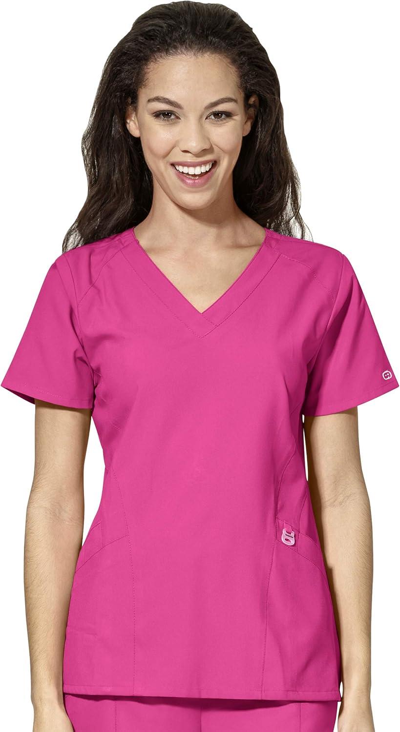 WonderWink W123 Women’s Stylized V-neck Top & Flat Front Double Cargo Pant Scrub Set + Badge Reel(Hot Pink)