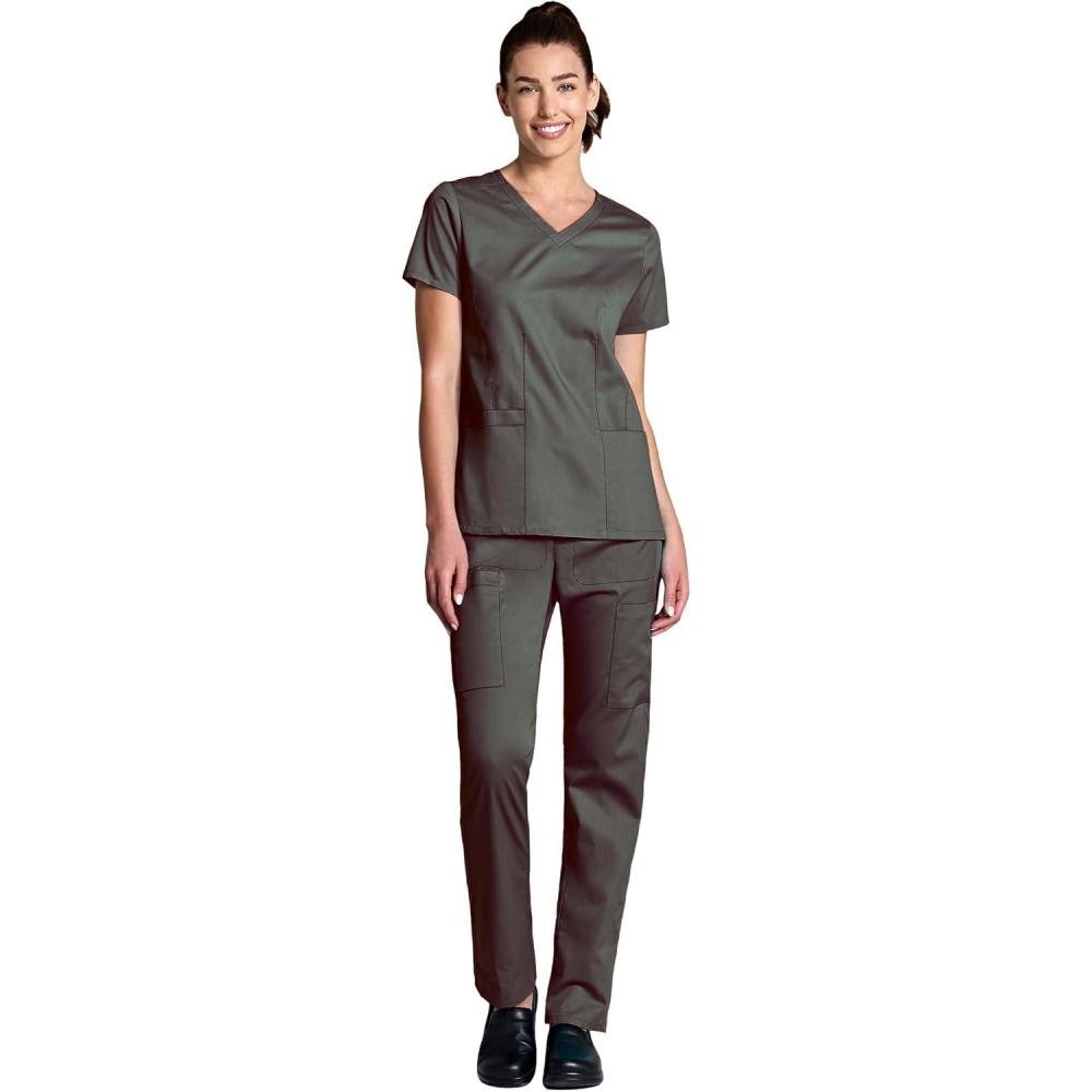 WonderWink WORK Women’s Shaped V-Neck Top & Women’s Convertible Slim Leg Cargo Pant Scrub Set + Badge Reel(Pewter)
