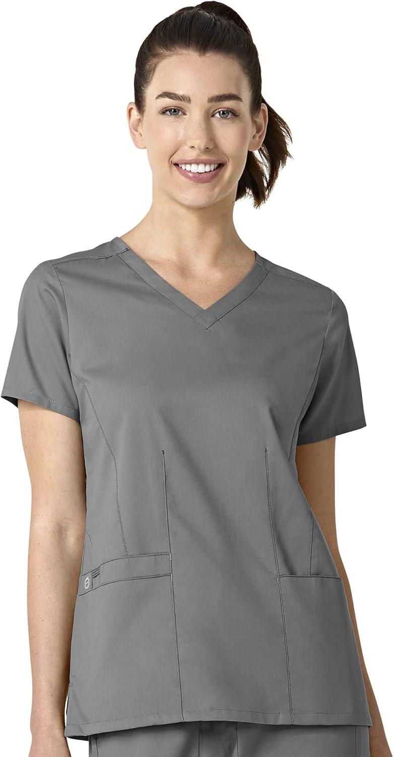 WonderWink WORK Women’s Shaped V-Neck Top & Women’s Convertible Slim Leg Cargo Pant Scrub Set + Badge Reel(Pewter)