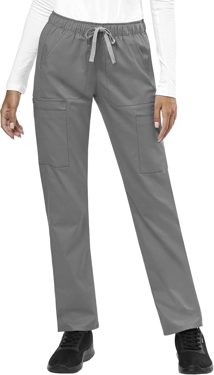 WonderWink WORK Women’s Shaped V-Neck Top & Women’s Convertible Slim Leg Cargo Pant Scrub Set + Badge Reel(Pewter)