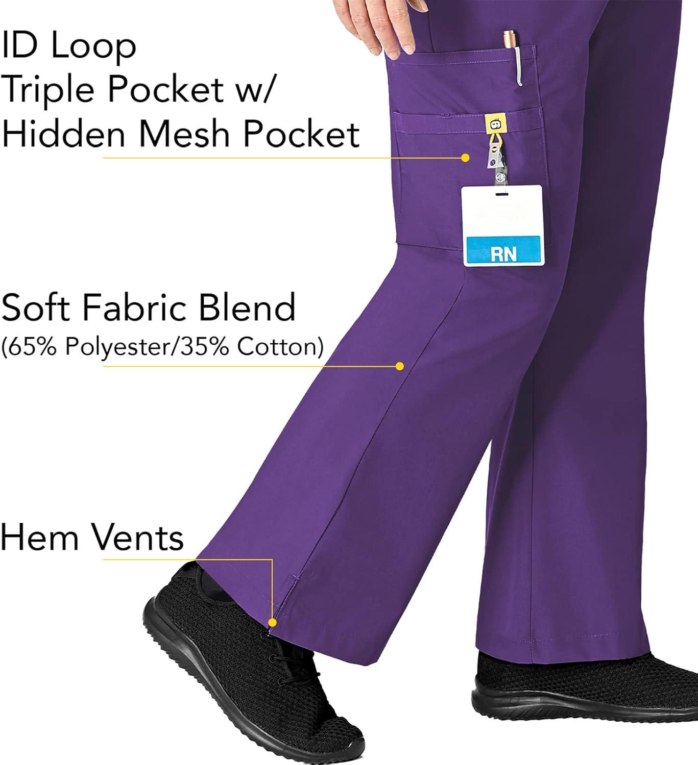 WonderWink Women’s Scrubs Romeo Six-Pocket Flare Leg Pant – XS-5XL, 6 Pockets, Elastic Waistband with Convertible Drawstring(Eggplant)