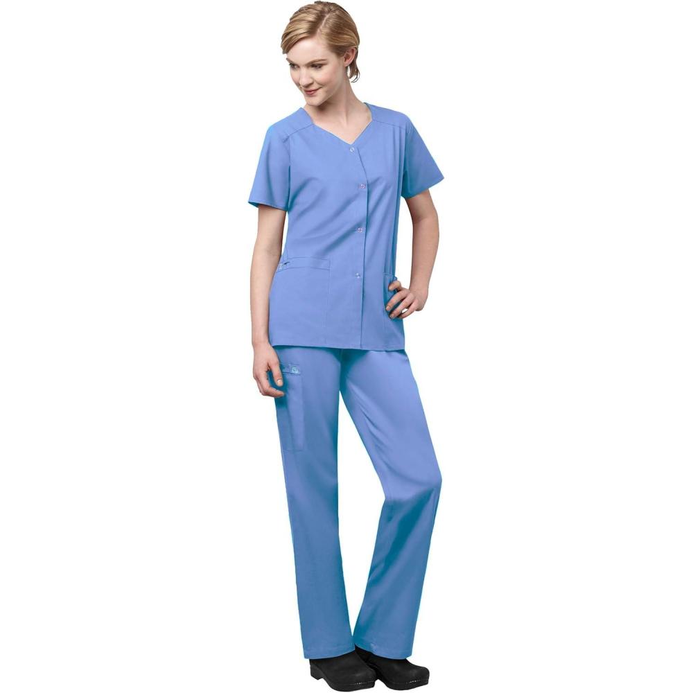 WonderWink WORK Women’s Scrub Short Sleeve Snap Front Jacekt Top and Pants + Badge Reel(Ceil Blue)