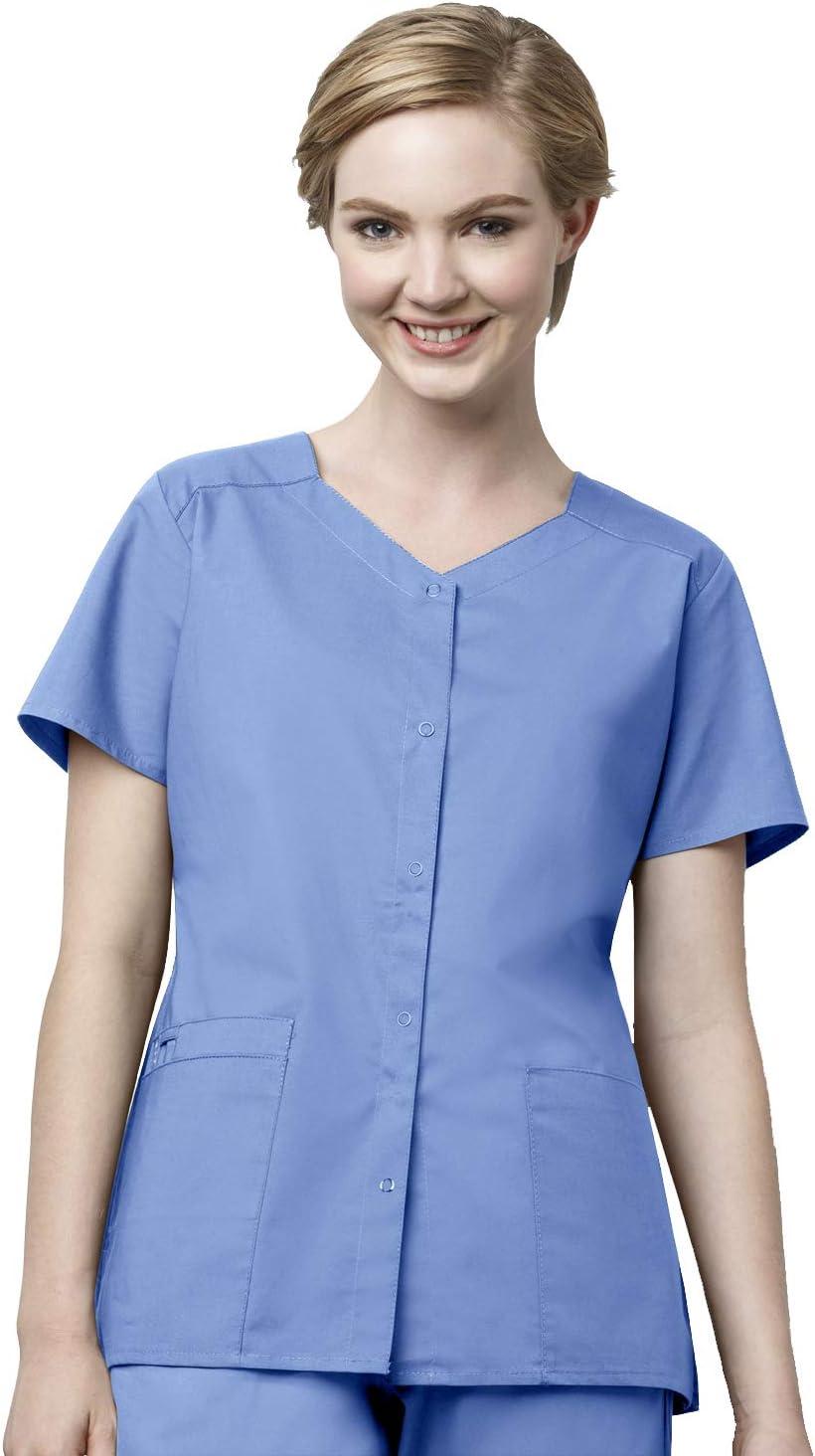 WonderWink WORK Women’s Scrub Short Sleeve Snap Front Jacekt Top and Pants + Badge Reel(Ceil Blue)