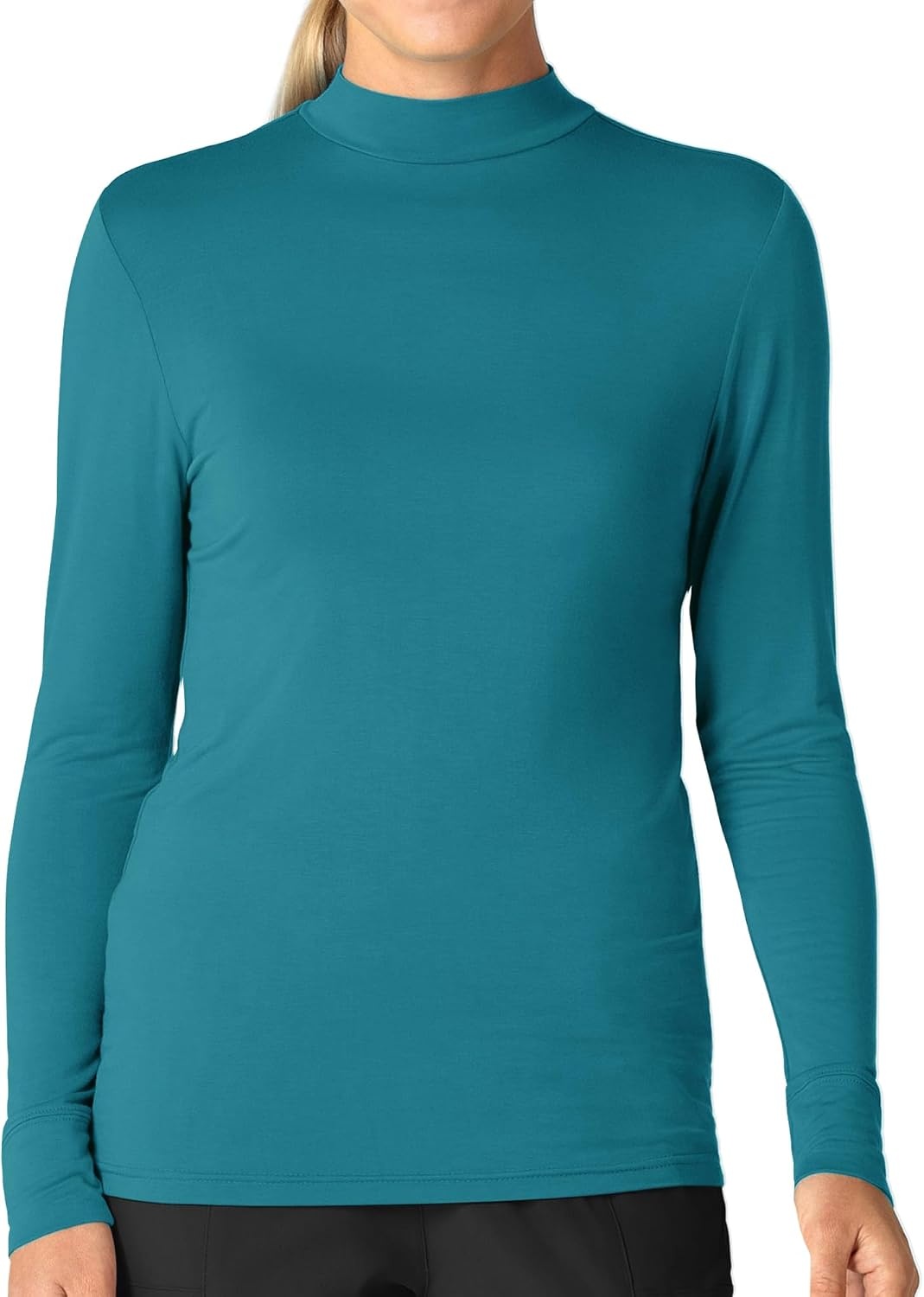 Wink Layers Women’s Long Sleeve Mock Neck Silky Tee(Bay Blue)