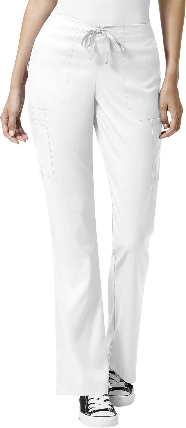 WonderWink Pro Women’s 4 Pocket V-Neck Top & Moderate Flare Leg Cargo Pant Scrub Set + Badge Reel(White)