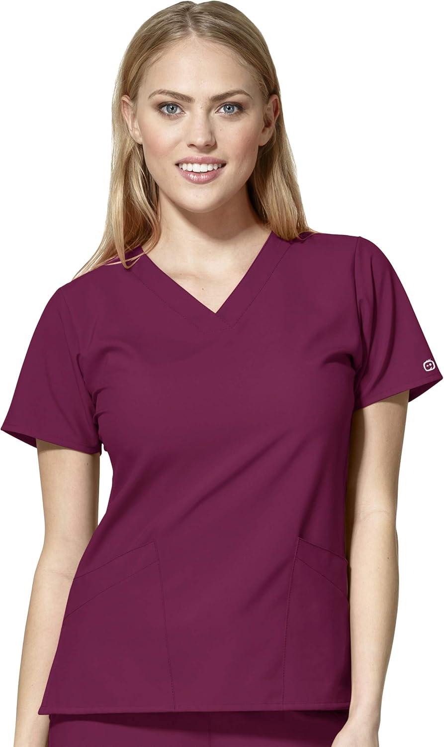 WonderWink W123 Women’s Basic V-Neck Top & Drawstring Pant Scrub Set + Badge Reel(Wine)