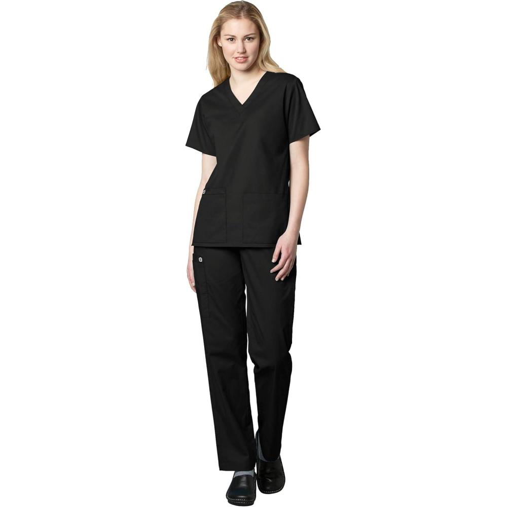 WonderWink WORK Women’s Scrubs V-Neck Chest Pocket Top & Pull On Cargo Pant Set + Badge Reel(Black)