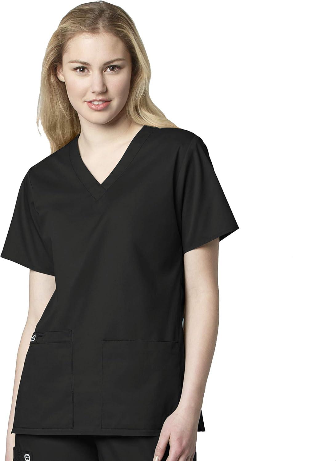 WonderWink WORK Women’s Scrubs V-Neck Chest Pocket Top & Pull On Cargo Pant Set + Badge Reel(Black)