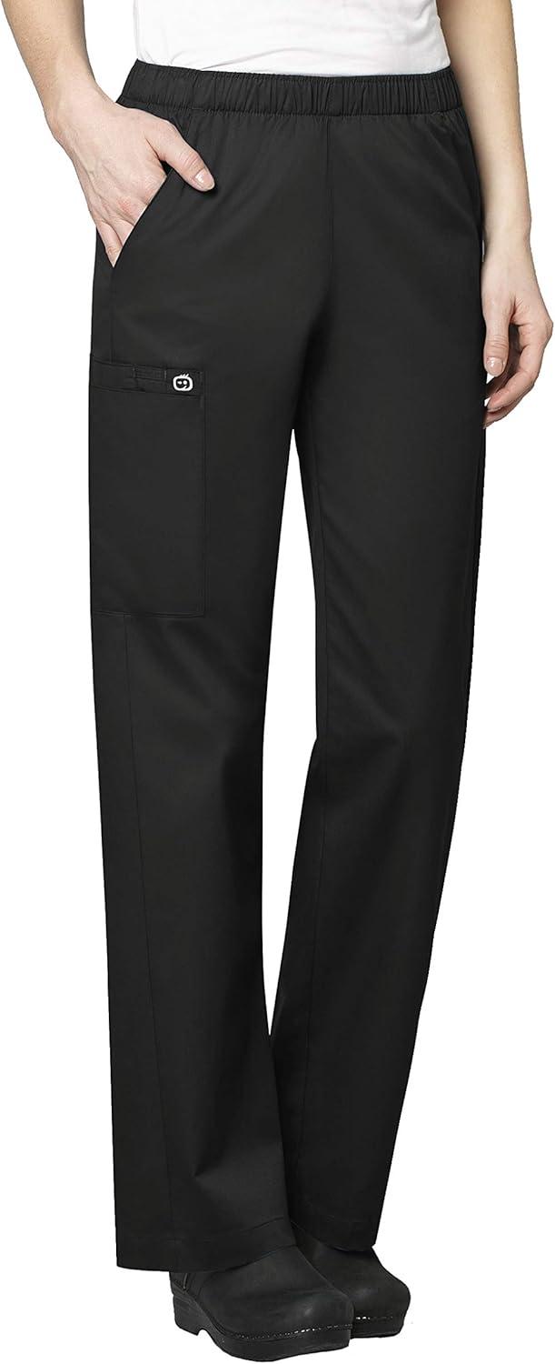 WonderWink WORK Women’s Scrubs V-Neck Chest Pocket Top & Pull On Cargo Pant Set + Badge Reel(Black)